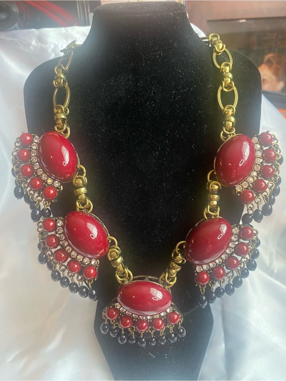 Gold-Tone Red Beaded Statement Necklace
